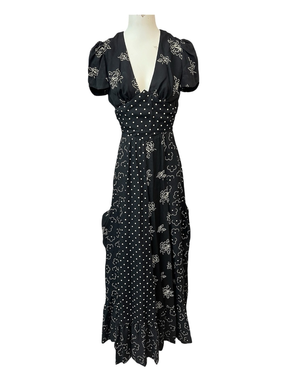 VINTAGE 70s Young Edwardian by Arpeja Mixed Print Patchwork Maxi Dress Black XS